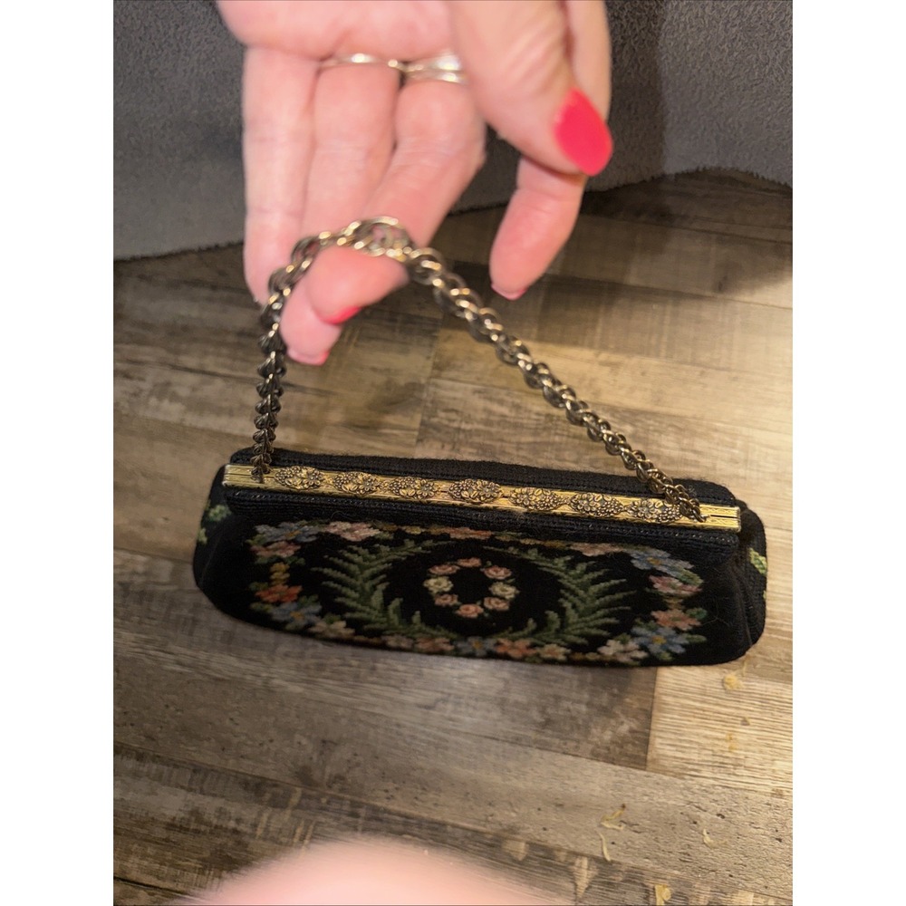 Vintage Large women Handbag Purse Bag cross stitch embroidery Flower Black - Picture 4 of 7